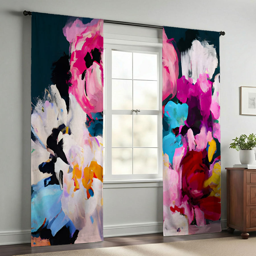 Pink and Blue Floral Artwork Window Curtains