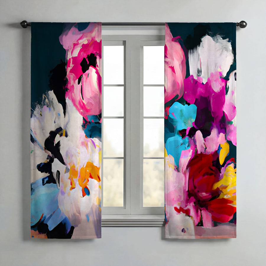 Pink and Blue Floral Artwork Window Curtains