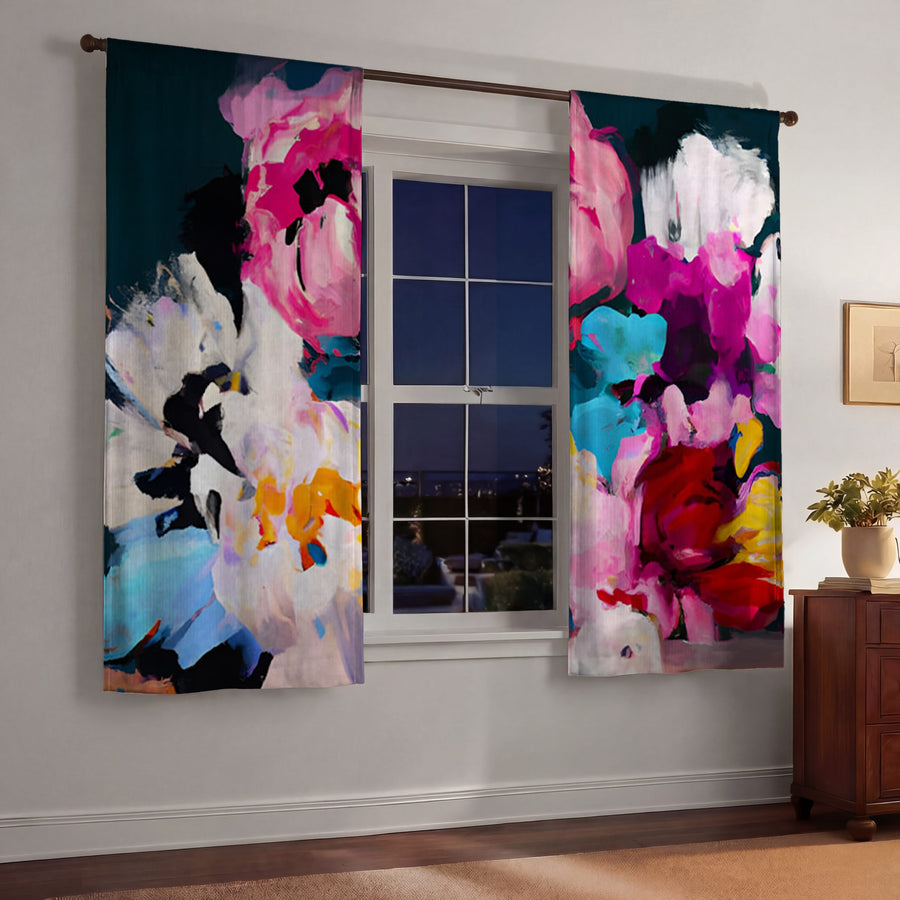Pink and Blue Floral Artwork Window Curtains