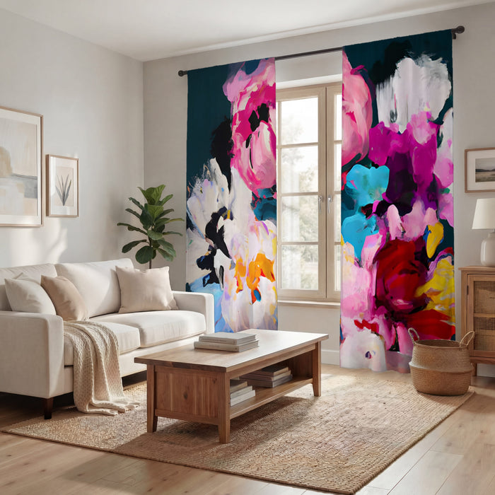 Pink and Blue Floral Artwork Window Curtains