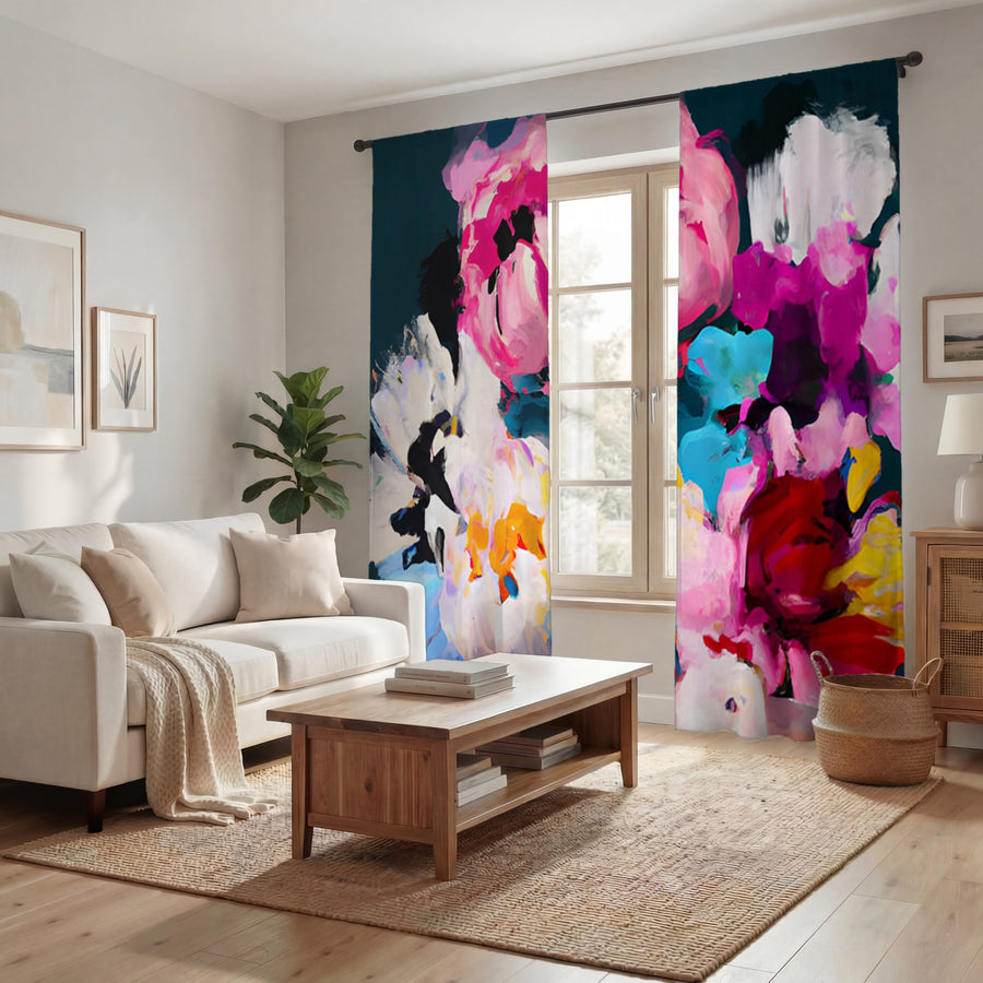 Pink and Blue Floral Artwork Window Curtains