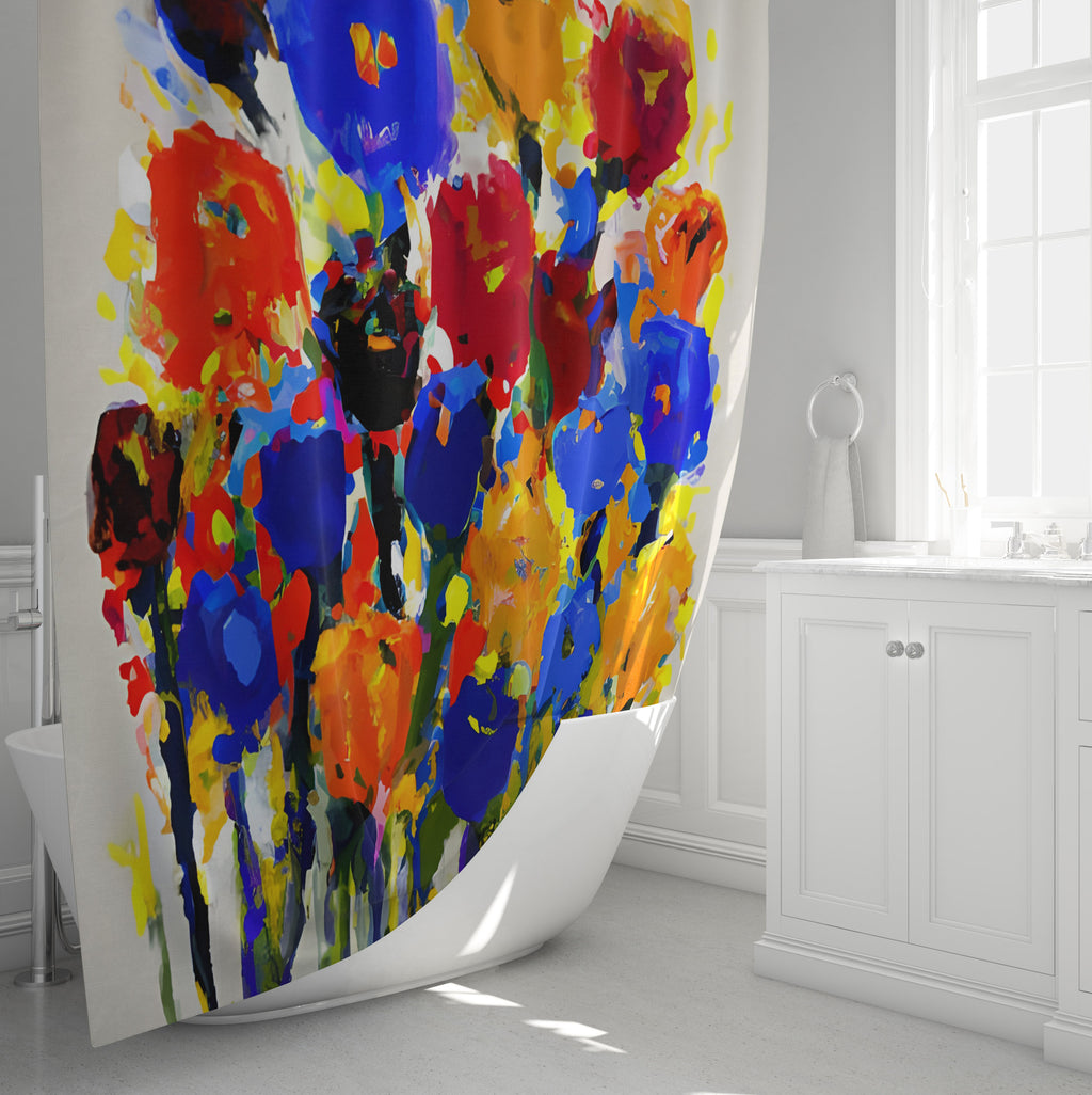 Modern Floral Shower Curtain - Multi Color Painted Flowers on White - Deja Blue Studios