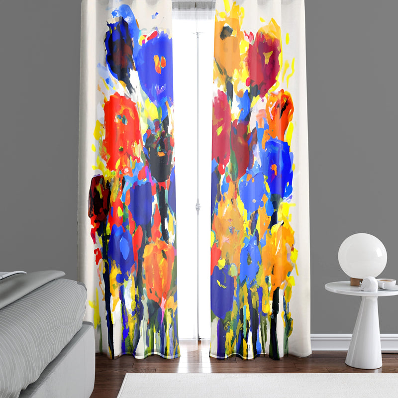 Modern Floral Window Curtains - Multi Color Painted Flowers on White - Deja Blue Studios