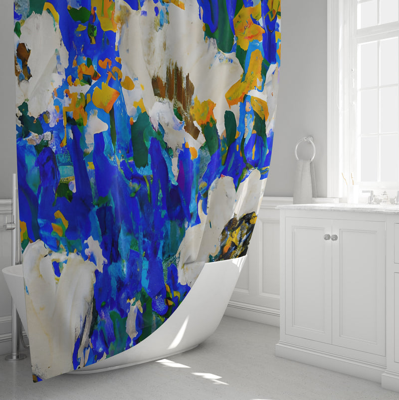 Painted Floral Shower Curtain - Blue and White Modern Floral Print - Deja Blue Studios