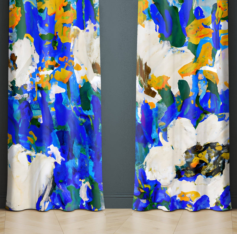 Painted Floral Window Curtains - Blue and White Modern Floral Print - Deja Blue Studios