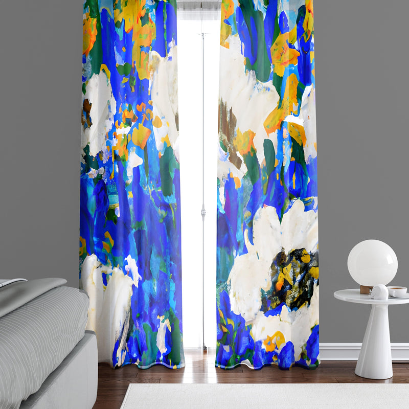 Painted Floral Window Curtains - Blue and White Modern Floral Print - Deja Blue Studios