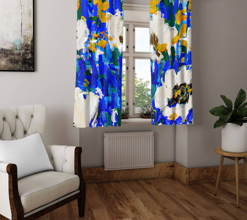 Painted Floral Window Curtains - Blue and White Modern Floral Print - Deja Blue Studios