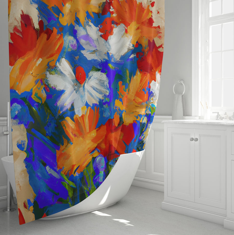 Red and Blue Floral Expression Artwork Shower Curtain