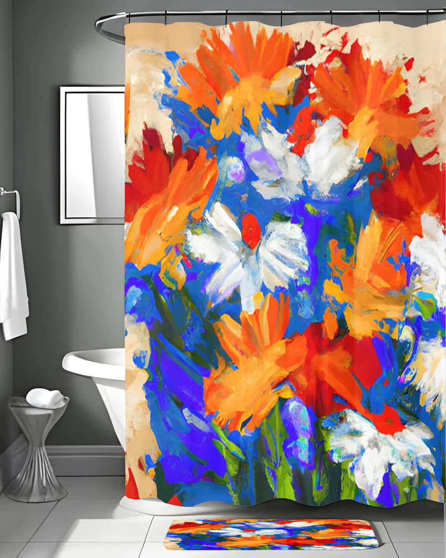 Red and Blue Floral Expression Artwork Shower Curtain