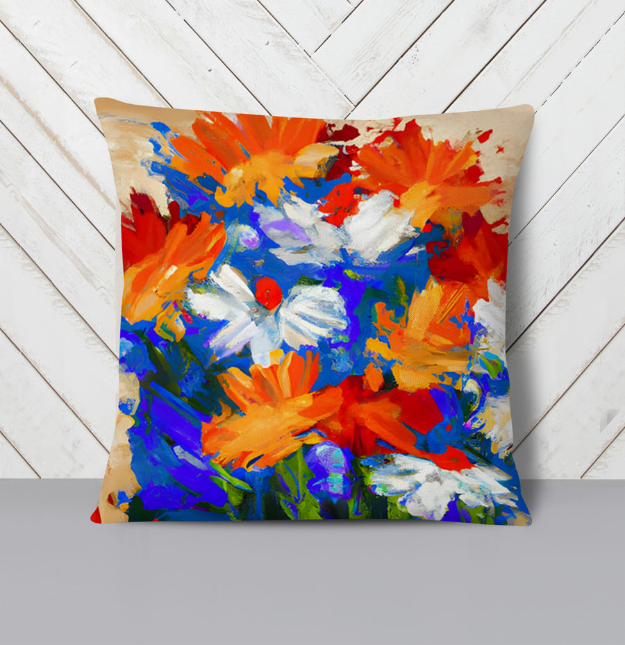 Red and Blue Floral Expression Artwork Throw Pillow Cover
