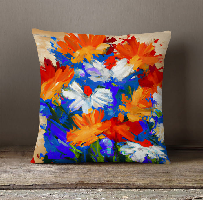 Red and Blue Floral Expression Artwork Throw Pillow Cover