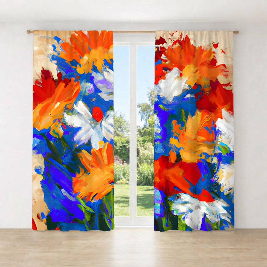Red and Blue Floral Expression Artwork Window Curtain