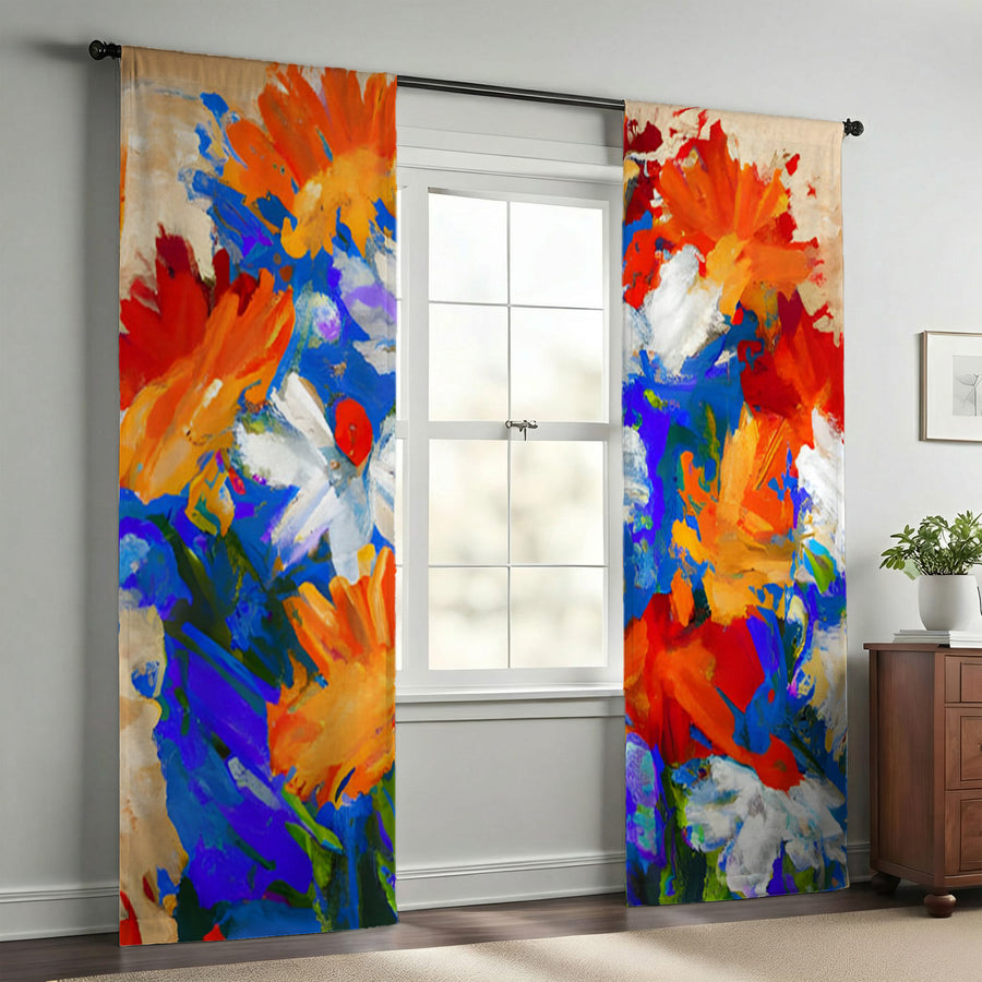 Red and Blue Floral Expression Artwork Window Curtain