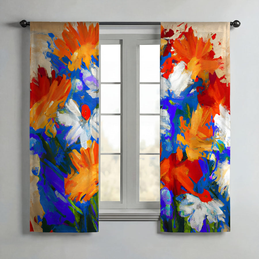 Red and Blue Floral Expression Artwork Window Curtain