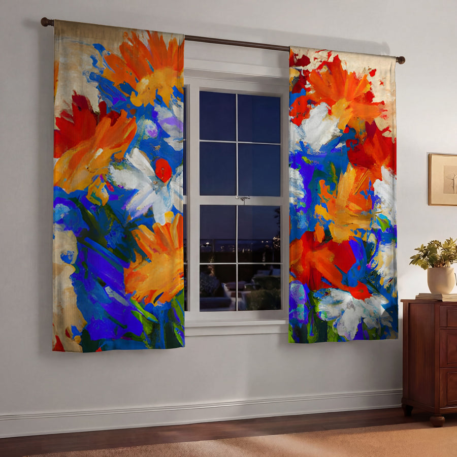 Red and Blue Floral Expression Artwork Window Curtain