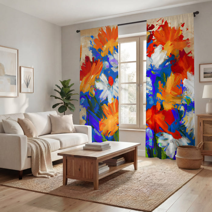 Red and Blue Floral Expression Artwork Window Curtain
