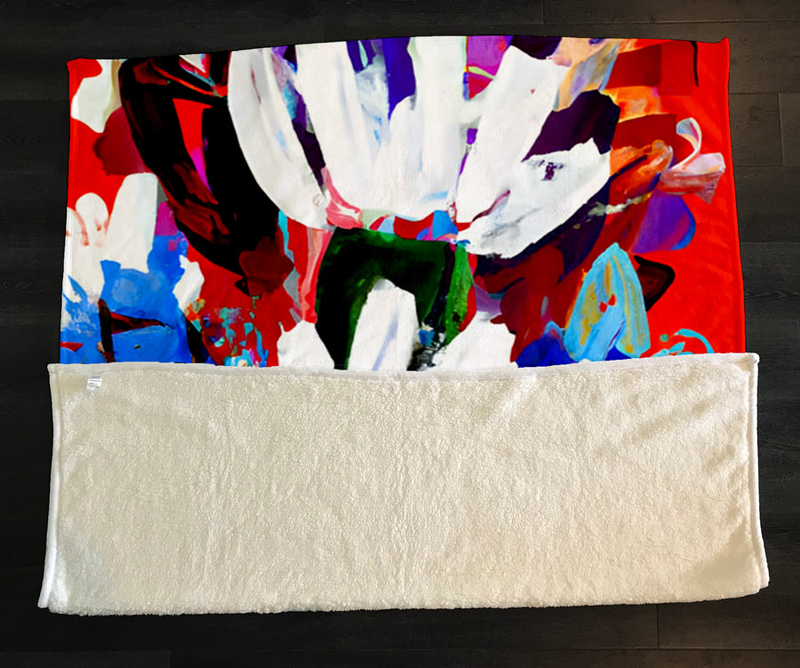 Red and White Floral Pattern Fleece Sherpa Blanket