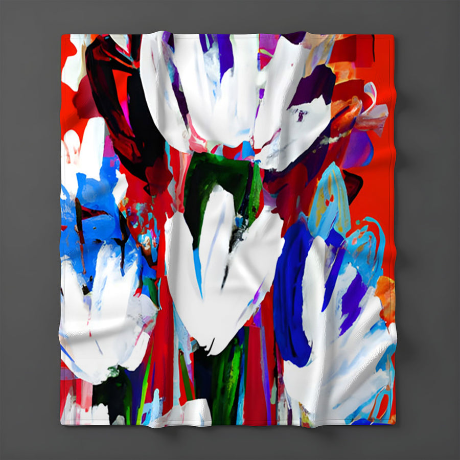 Red and White Floral Pattern Fleece Sherpa Blanket