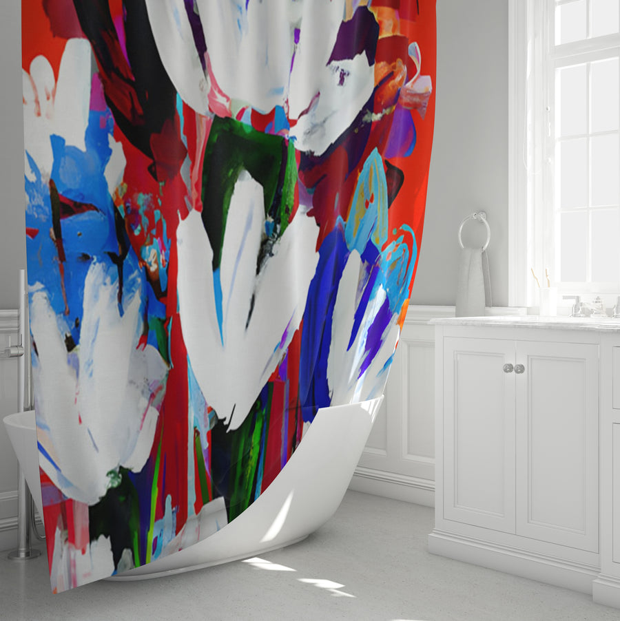 Red and White Floral Pattern Shower Curtain