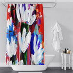 Painted Floral Shower Curtain - Blue and Red Modern Floral Print - Deja Blue Studios