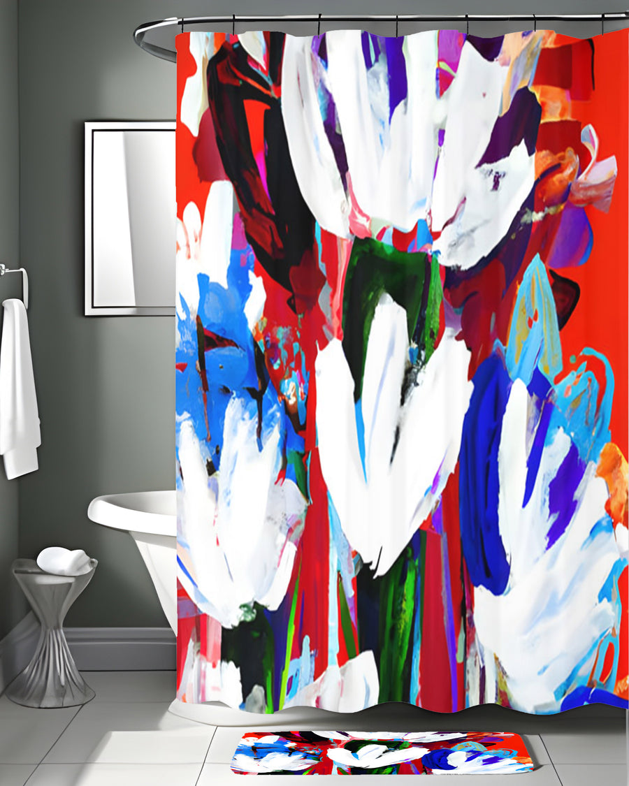 Red and White Floral Pattern Shower Curtain