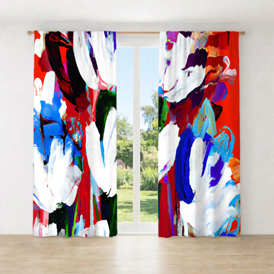 Red and White Floral Pattern Window Curtain