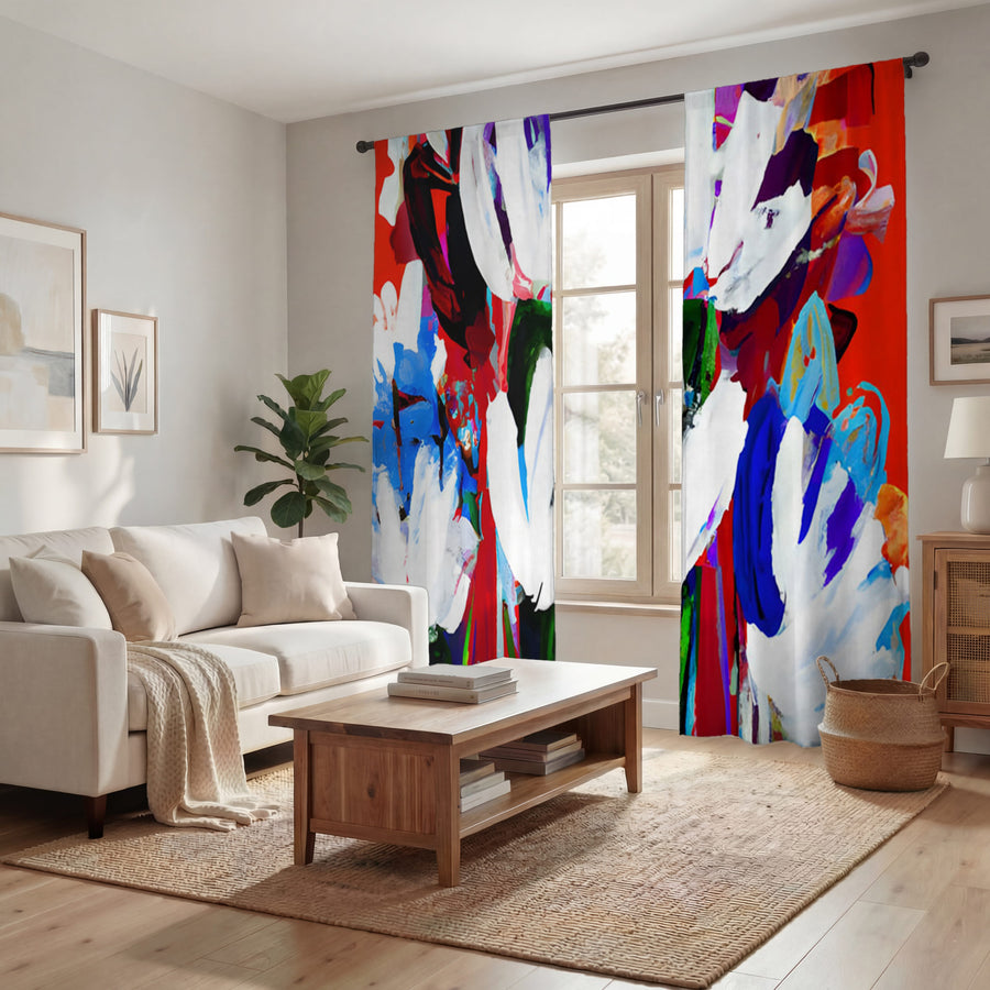Red and White Floral Pattern Window Curtain