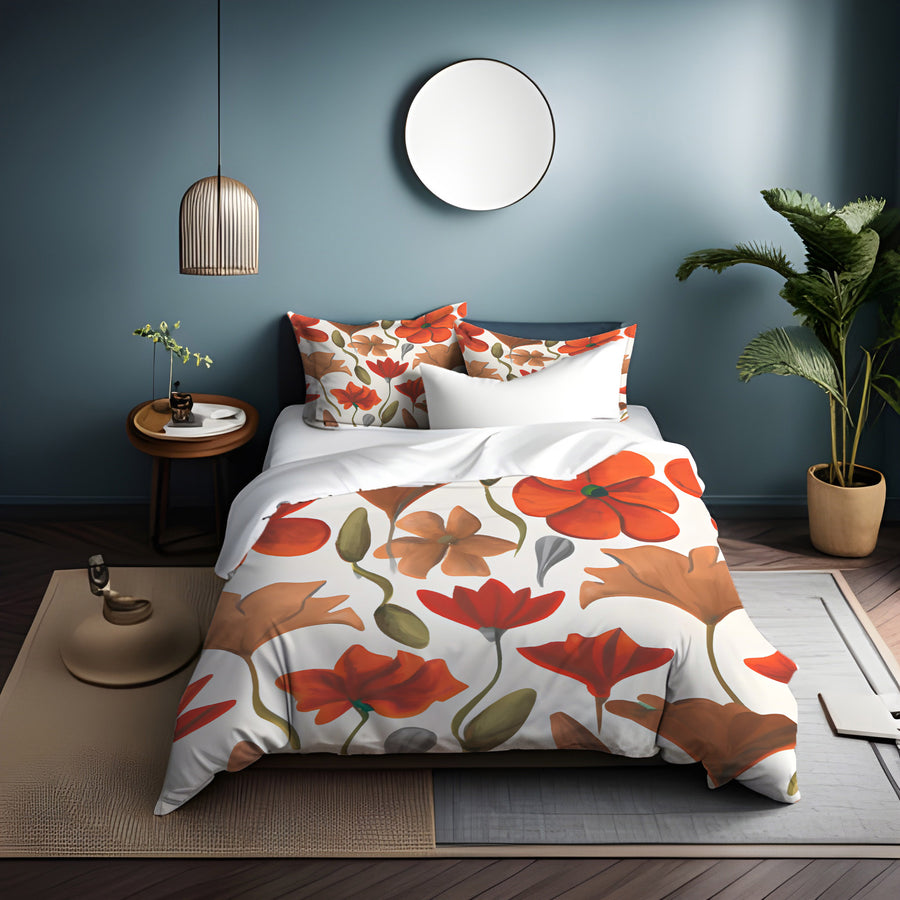 Beige and Orange Floral Botanical Pattern Duvet Cover