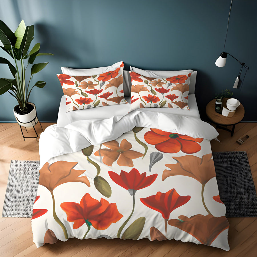 Beige and Orange Floral Botanical Pattern Duvet Cover