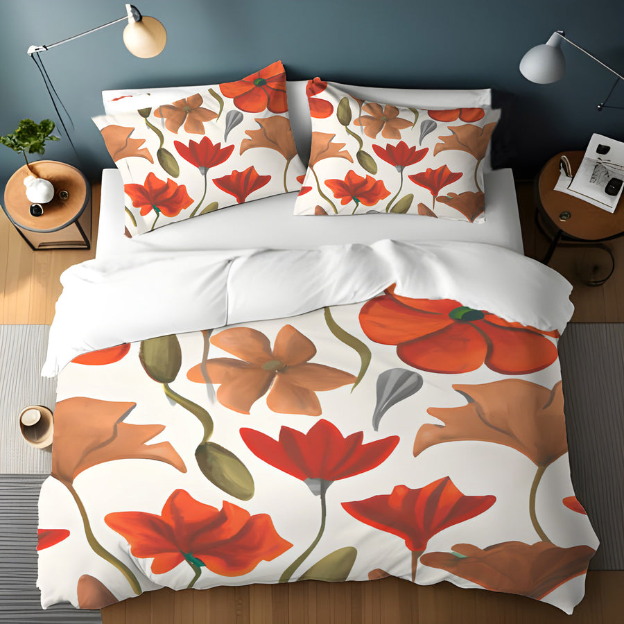 Beige and Orange Floral Botanical Pattern Duvet Cover