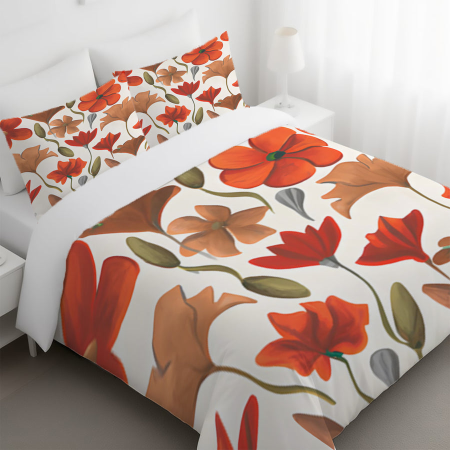 Beige and Orange Floral Botanical Pattern Duvet Cover