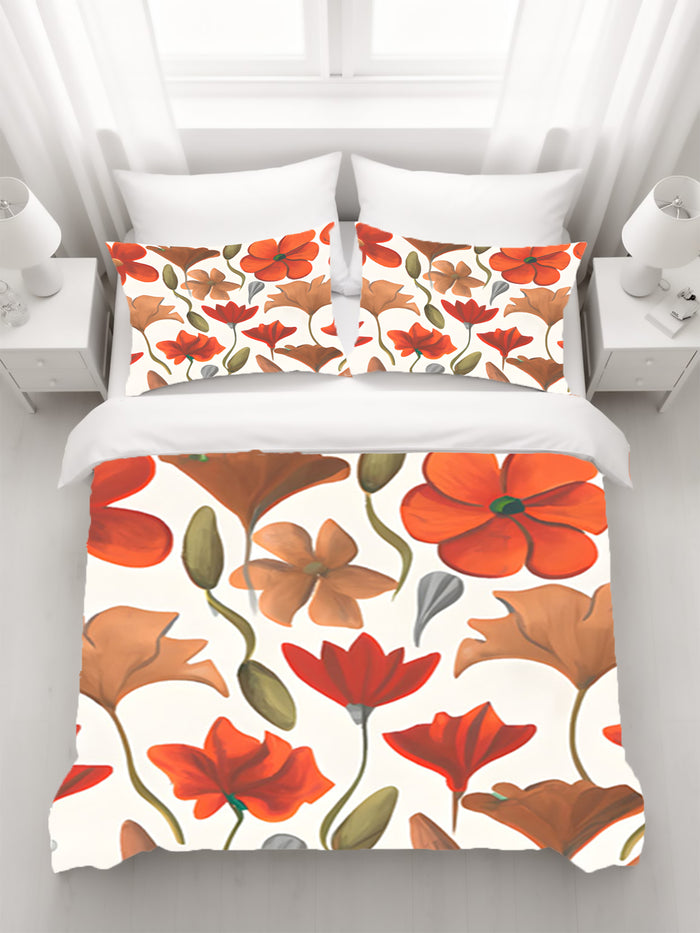Beige and Orange Floral Botanical Pattern Duvet Cover