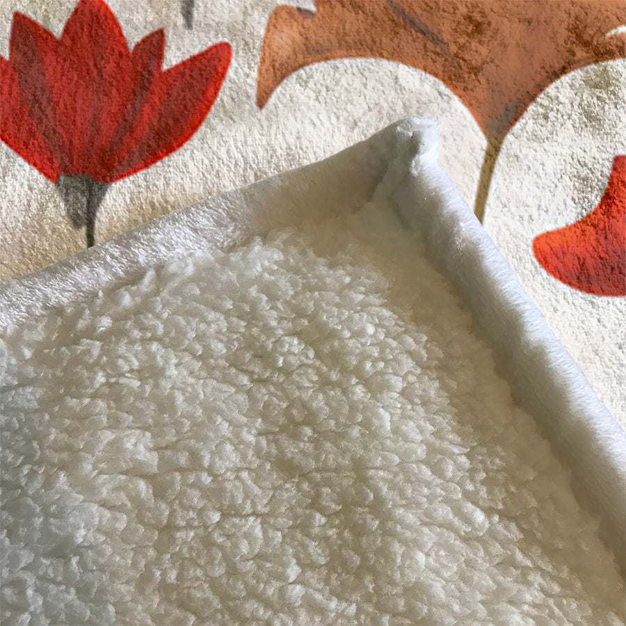 Beige and Orange Floral Botanical Pattern Fleece Sherpa Blanket