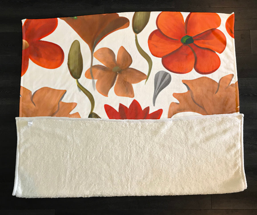 Beige and Orange Floral Botanical Pattern Fleece Sherpa Blanket