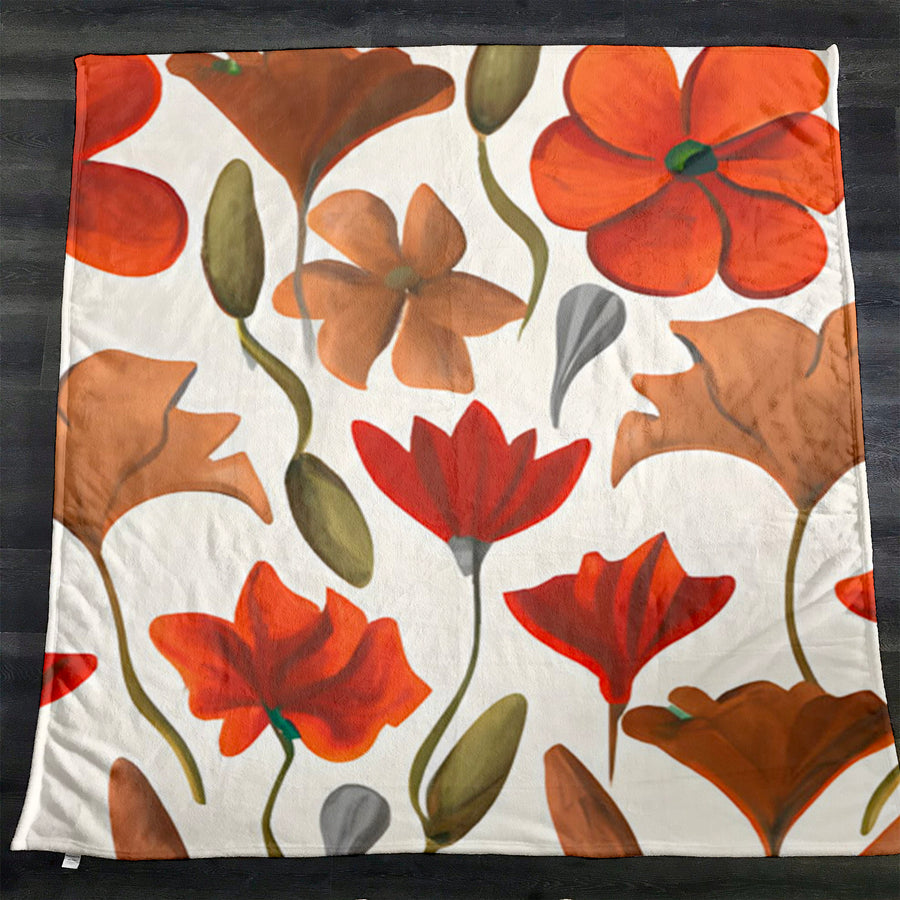 Beige and Orange Floral Botanical Pattern Fleece Sherpa Blanket