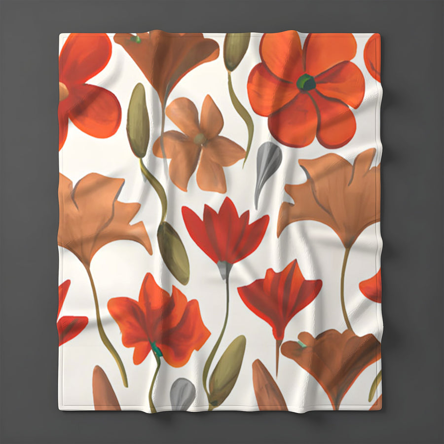 Beige and Orange Floral Botanical Pattern Fleece Sherpa Blanket