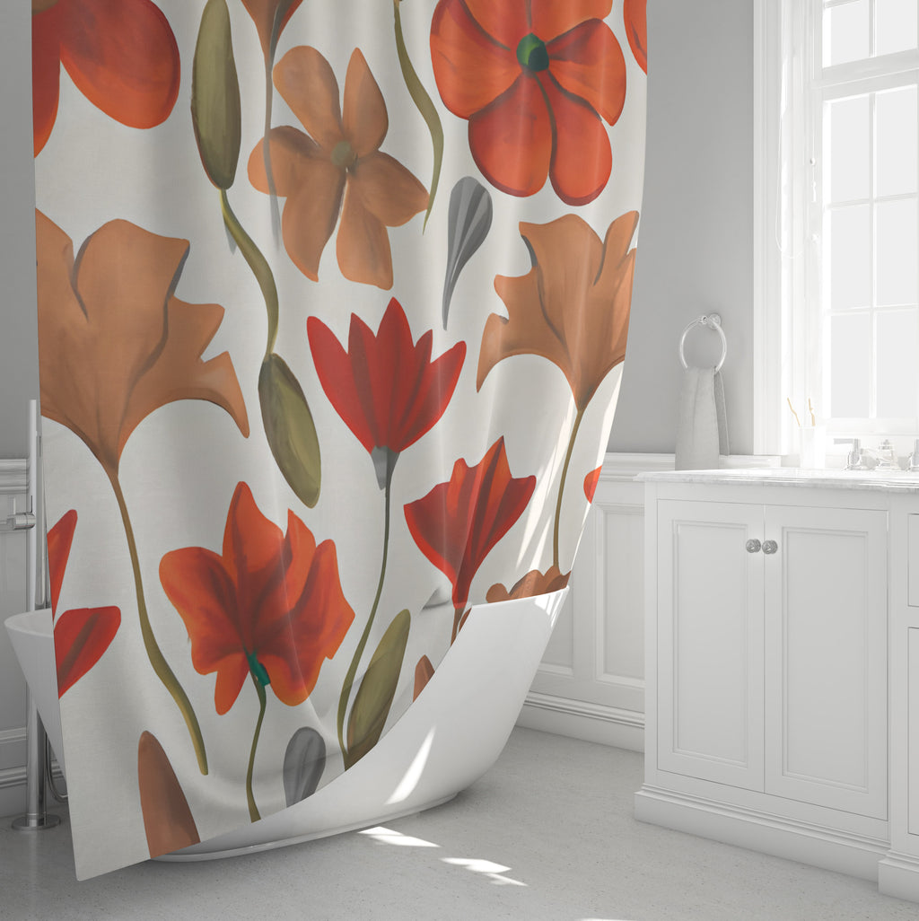 Abstract Floral Shower Curtain - Orange and Red Whimsical Floral Print - Deja Blue Studios
