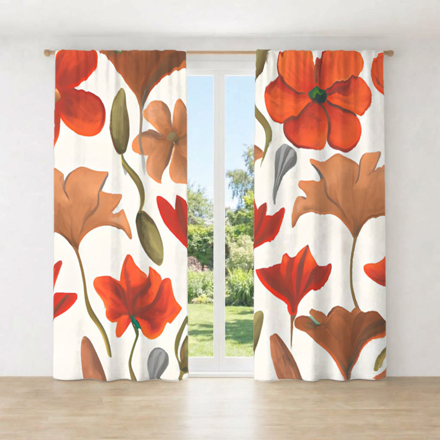 Beige and Orange Floral Botanical Pattern Window Curtain