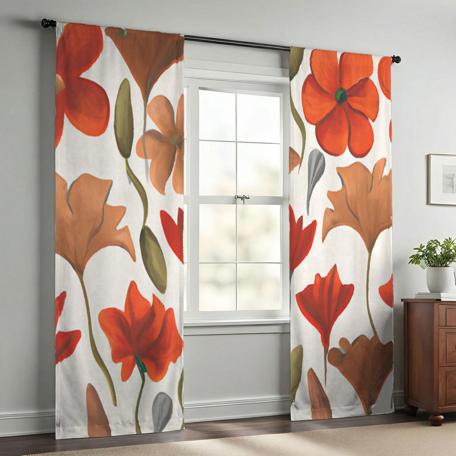 Beige and Orange Floral Botanical Pattern Window Curtain