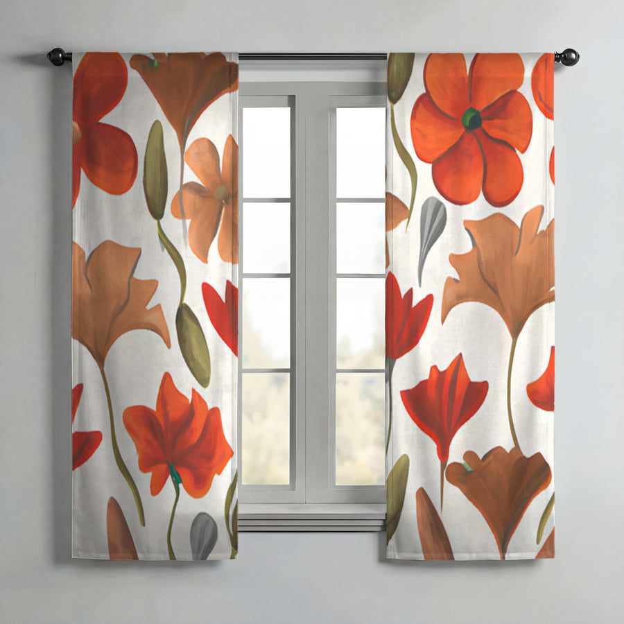 Beige and Orange Floral Botanical Pattern Window Curtain