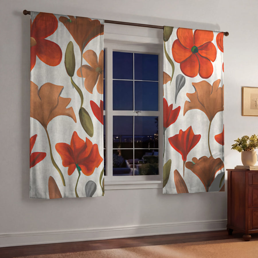 Beige and Orange Floral Botanical Pattern Window Curtain