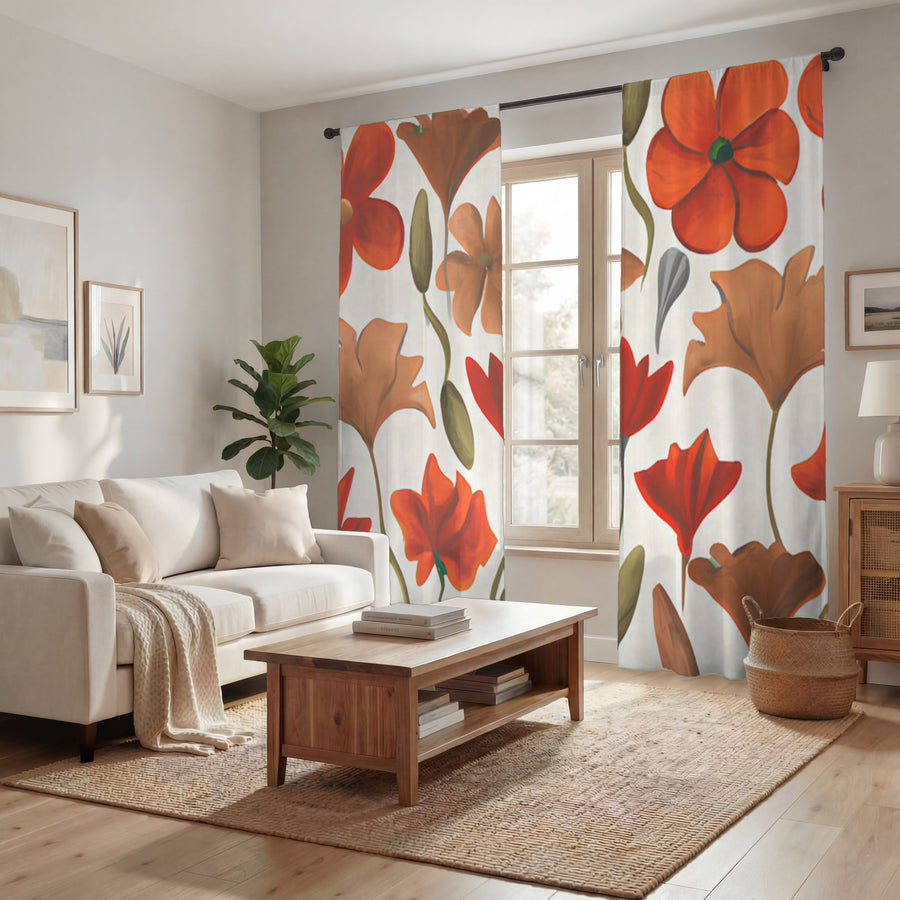 Beige and Orange Floral Botanical Pattern Window Curtain