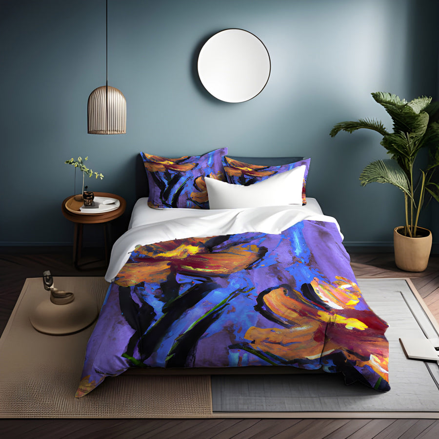 Purple and Orange Floral Expression Artwork Duvet Cover