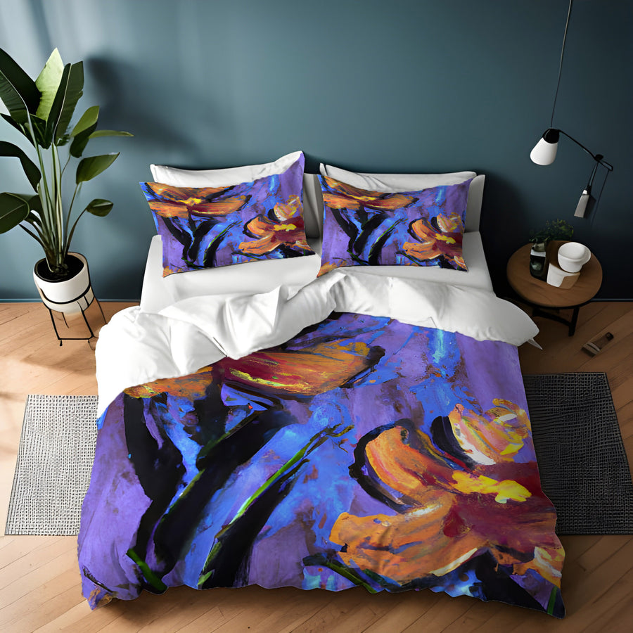 Purple and Orange Floral Expression Artwork Duvet Cover