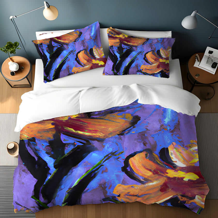 Purple and Orange Floral Expression Artwork Duvet Cover