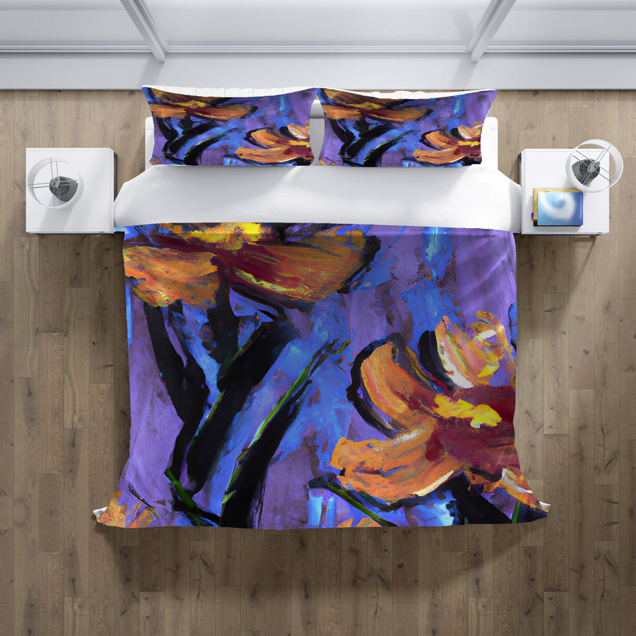 Purple and Orange Floral Expression Artwork Duvet Cover