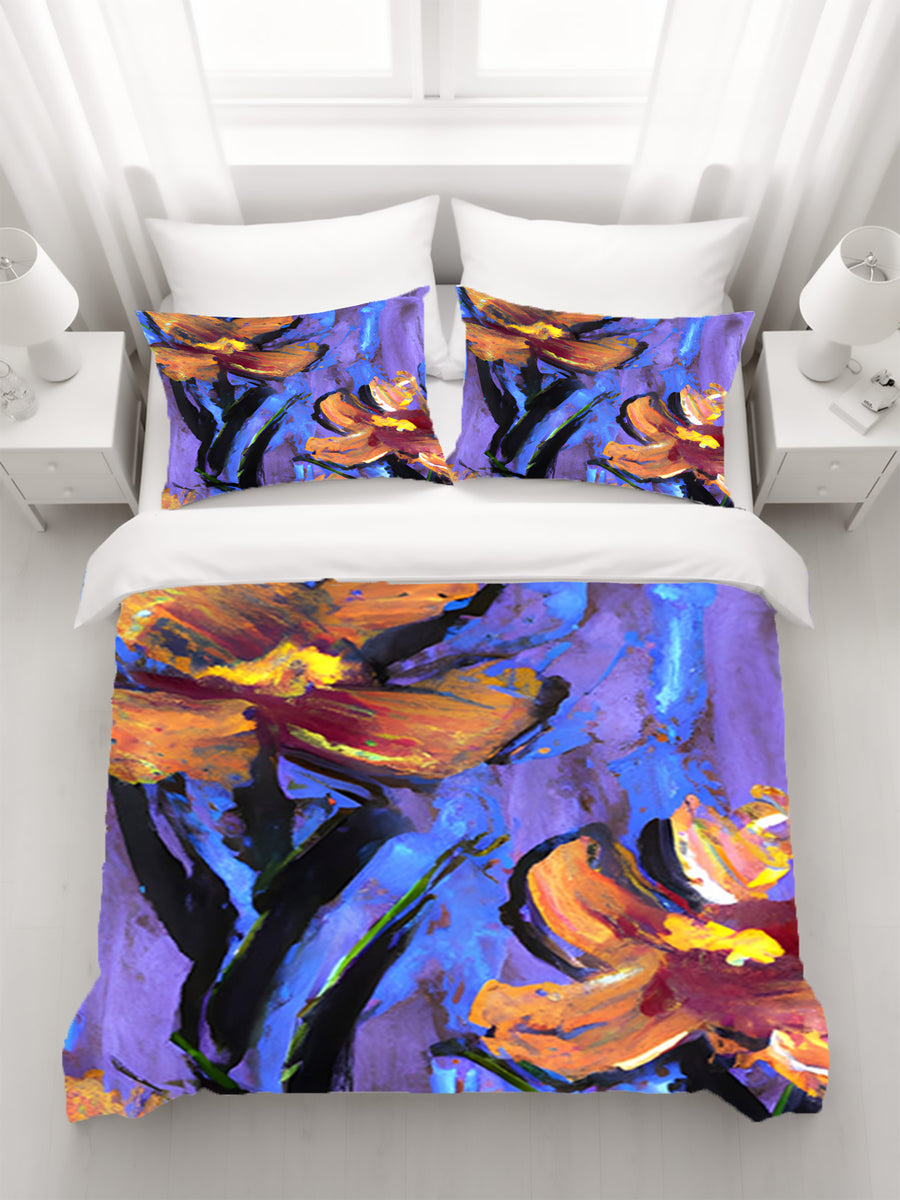Purple and Orange Floral Expression Artwork Duvet Cover