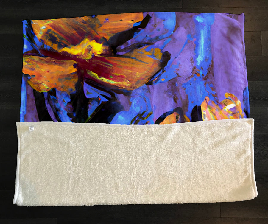 Purple and Orange Floral Expression Artwork Fleece Sherpa Blanket