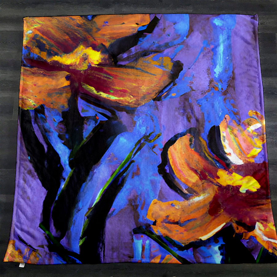 Purple and Orange Floral Expression Artwork Fleece Sherpa Blanket