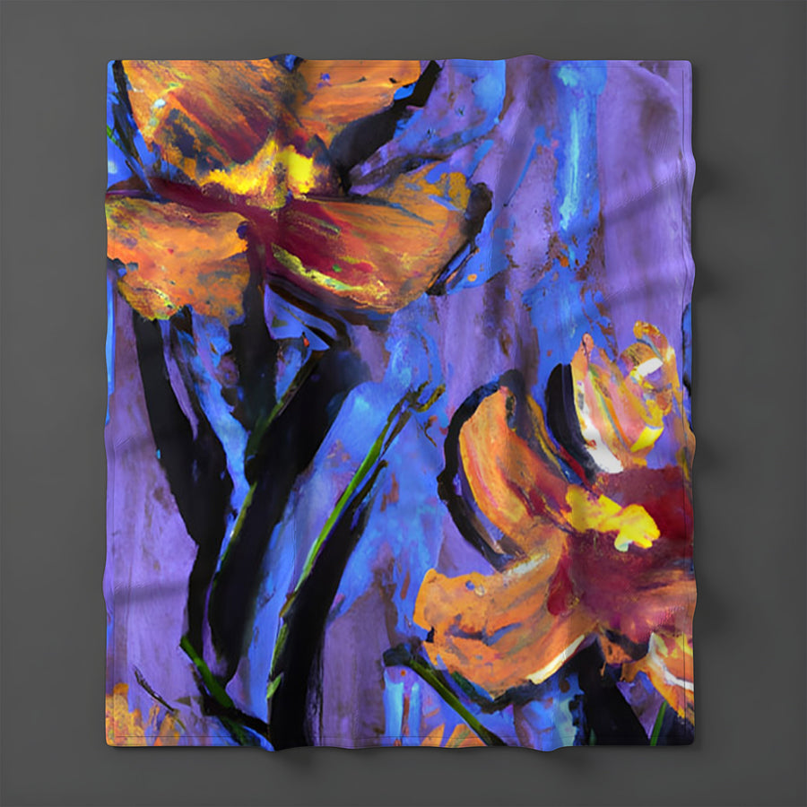 Purple and Orange Floral Expression Artwork Fleece Sherpa Blanket